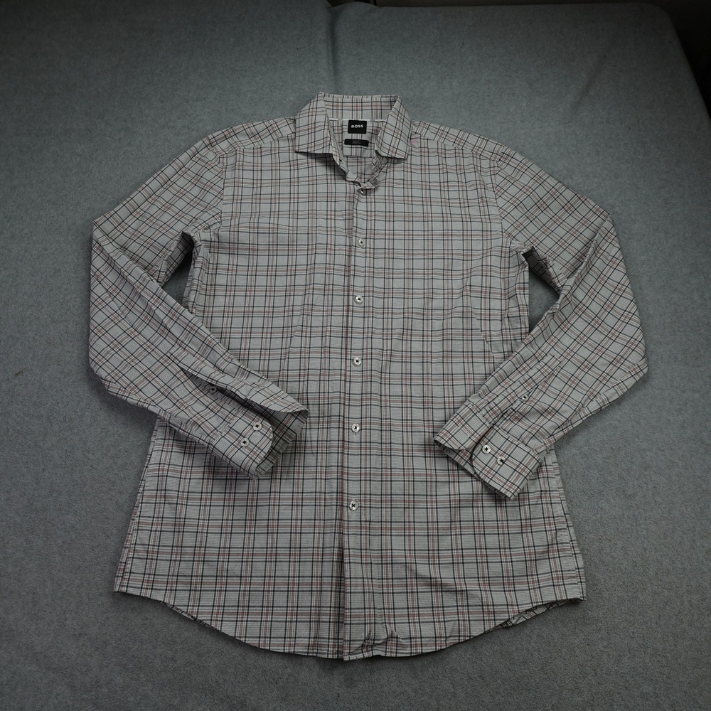 BOSS Shirt Mens 16 Gray Pink Plaid Slim Fit Stretch Hank‎ Spread Button Up